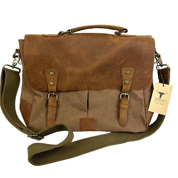 Tiding Other - Tiding Messenger Bag Brown Leather Canvas Vintage Inspired Mens Crossbody New